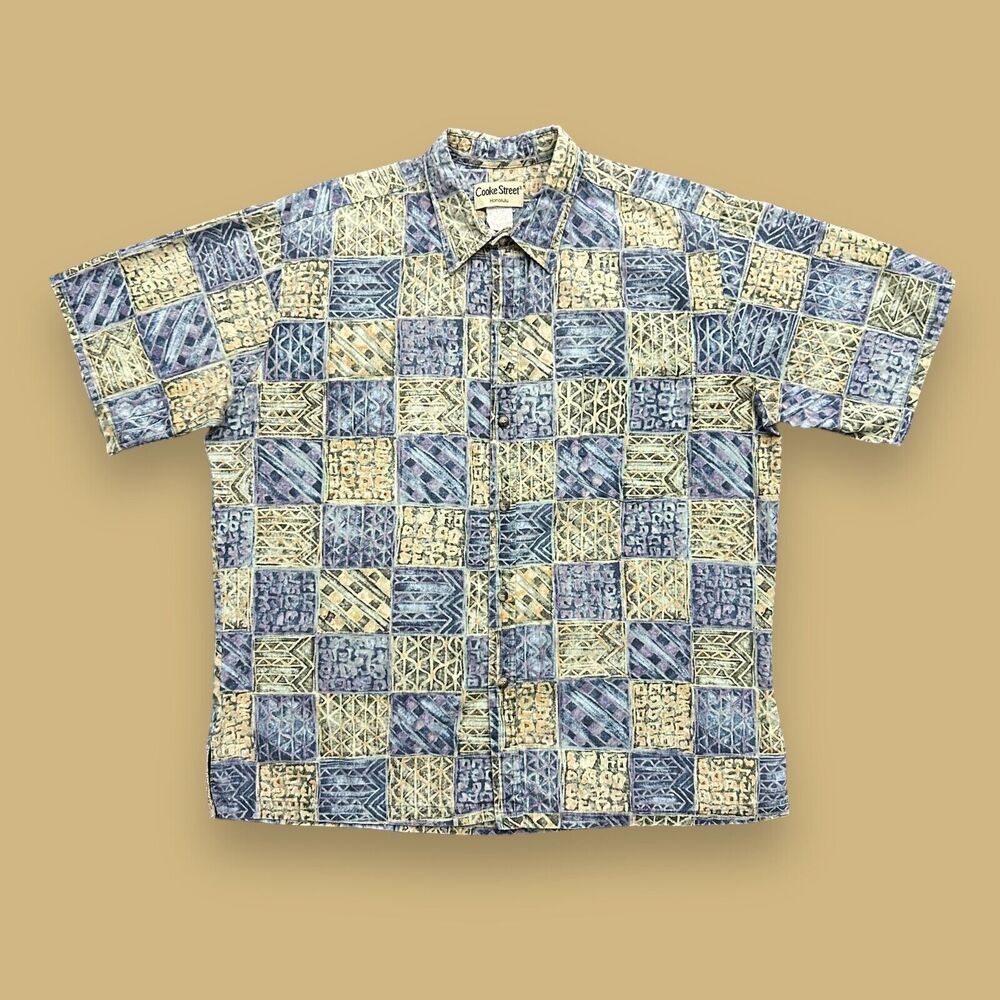 Vintage Hawaiian Shirt Geometric Aloha Camp Button Down 90s Cotton XL